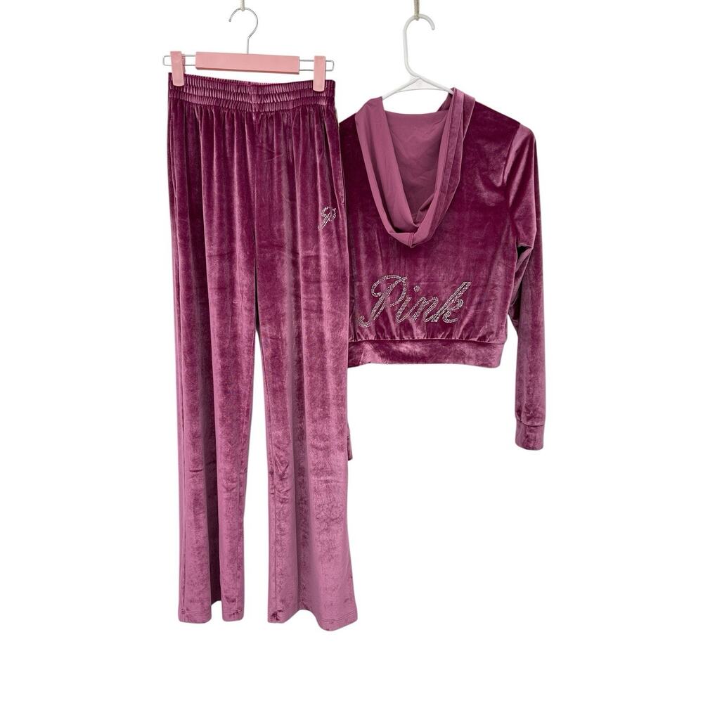 NWT Victoria’s Secret Velour Shine Tracksuit Crop Hoodie Pants Pink Size S XS - Picture 1 of 12